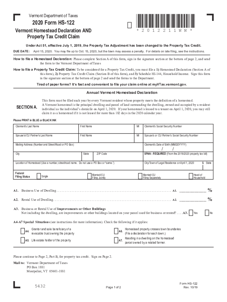  PDF Form HS 122 Vermont Department of Taxes Vermont Gov 2020