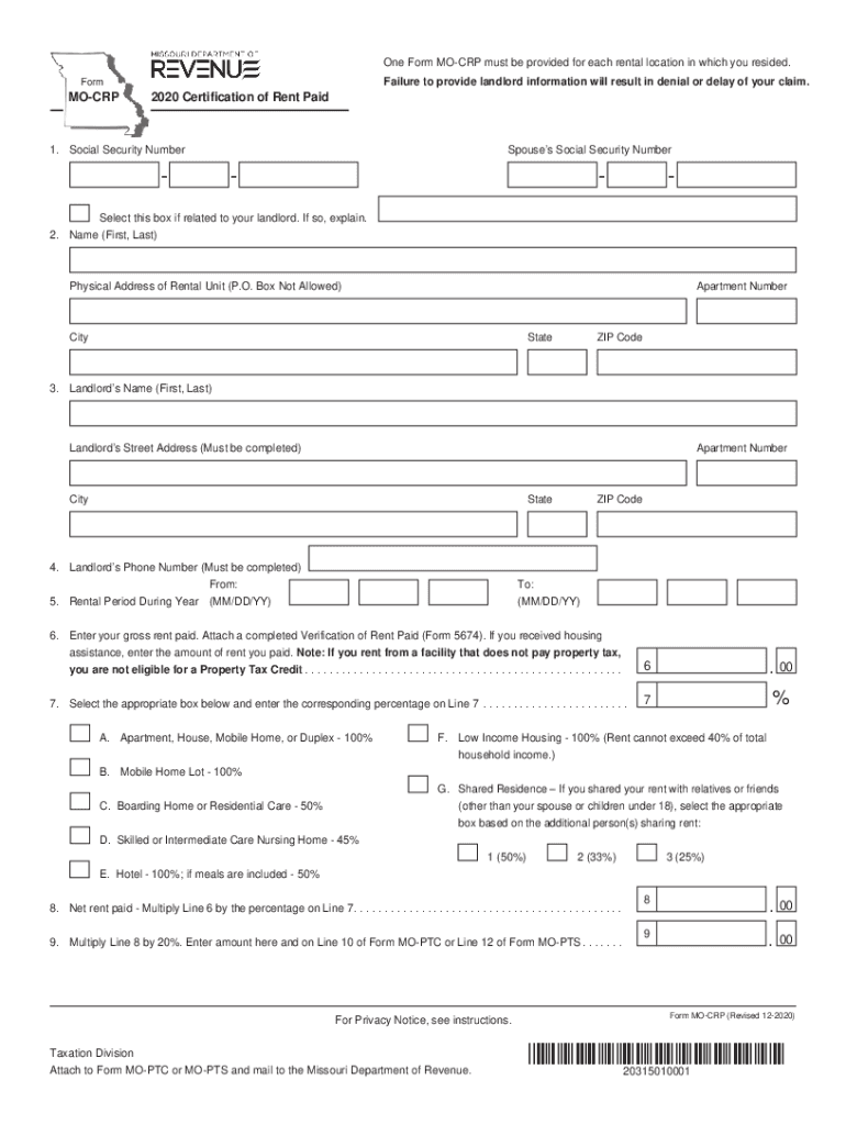  PDF Form MO CRP Certification of Rent Paid Missouri 2020