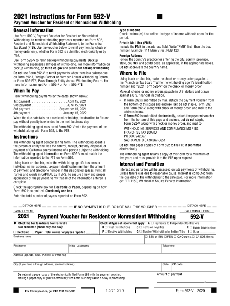  2021 Form 592 V, Payment Voucher for Resident and Nonresident Withholding 2021