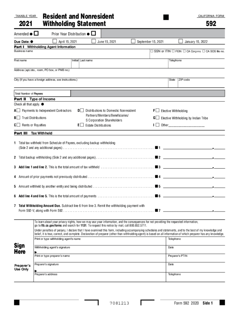  2021 Form 592 Resident and Nonresident Withholding Statement 2021, Form 592, Resident and Nonresident Withholding Statement 2021