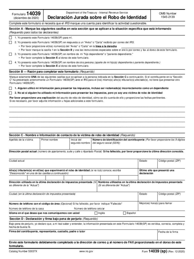  Form 14039 SP Rev 12 Identity Theft Affidavit Spanish Version 2020