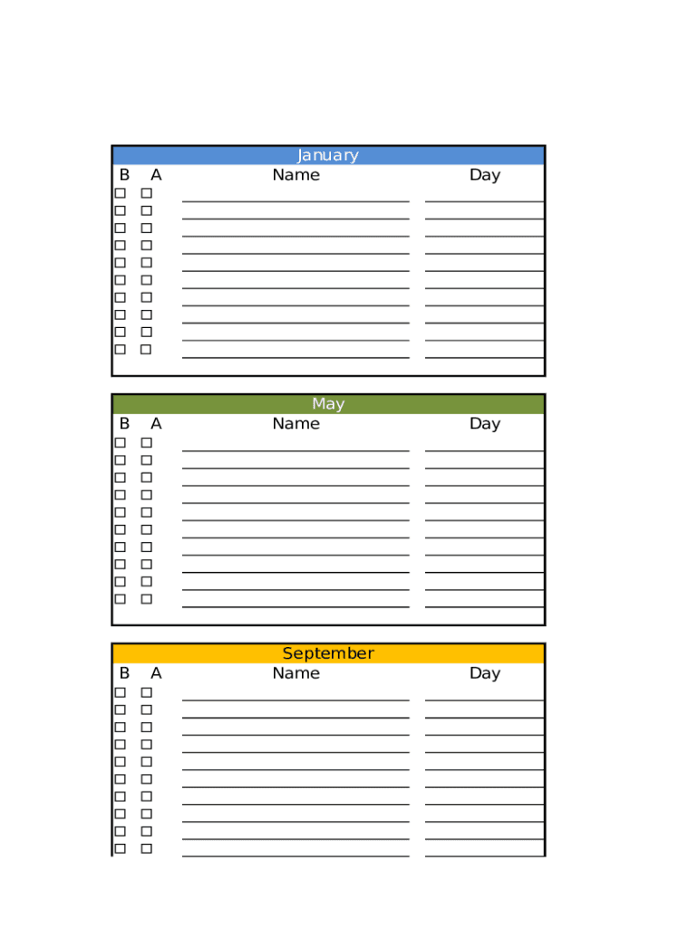 Birthday Calendar Sheet  Form