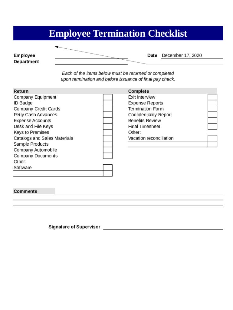 Employee Termination Checklist  Form