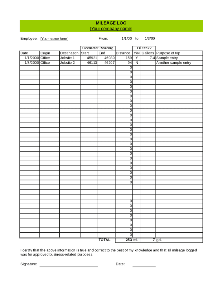 Mileage Log Excel  Form