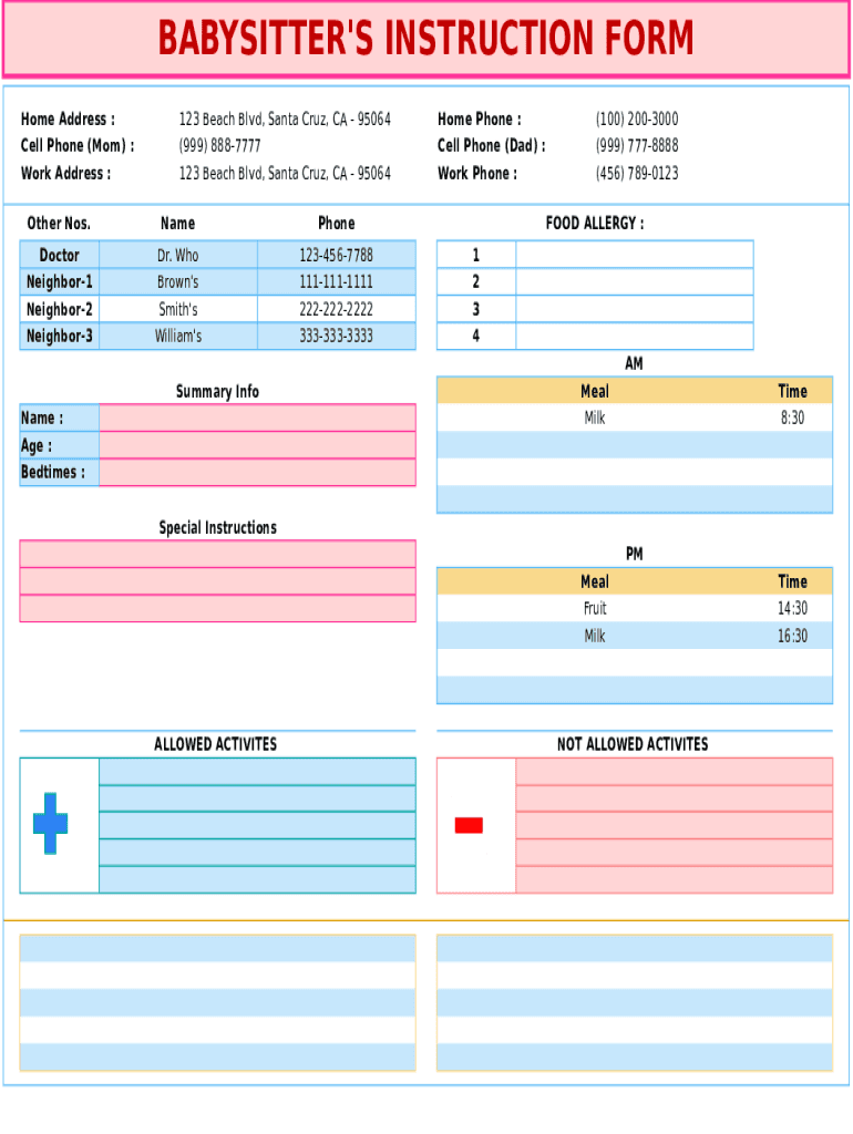 Babysitter Instruction Form