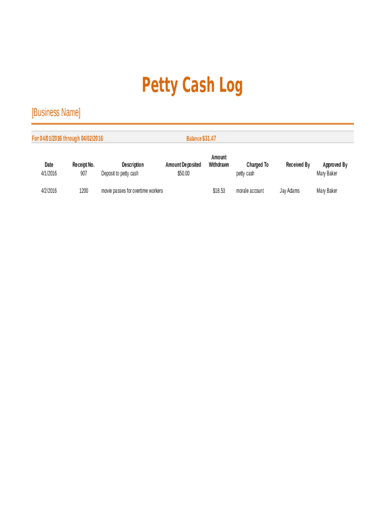 Petty Cash Log  Form