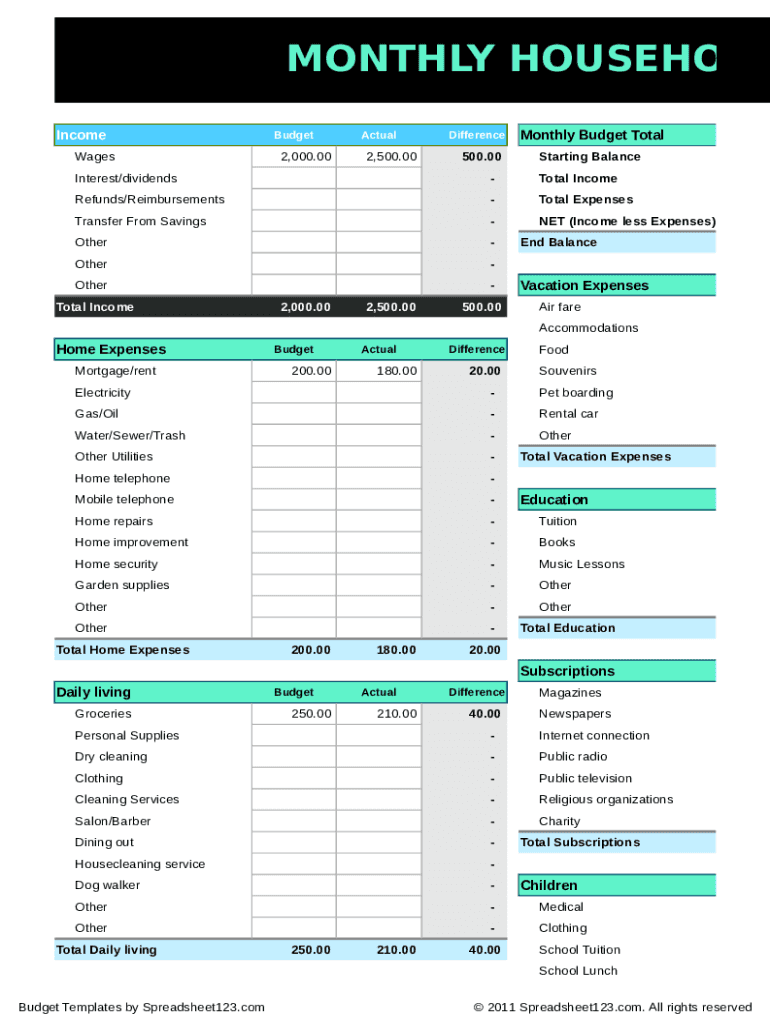 Budget Planner Spreadsheet  Form