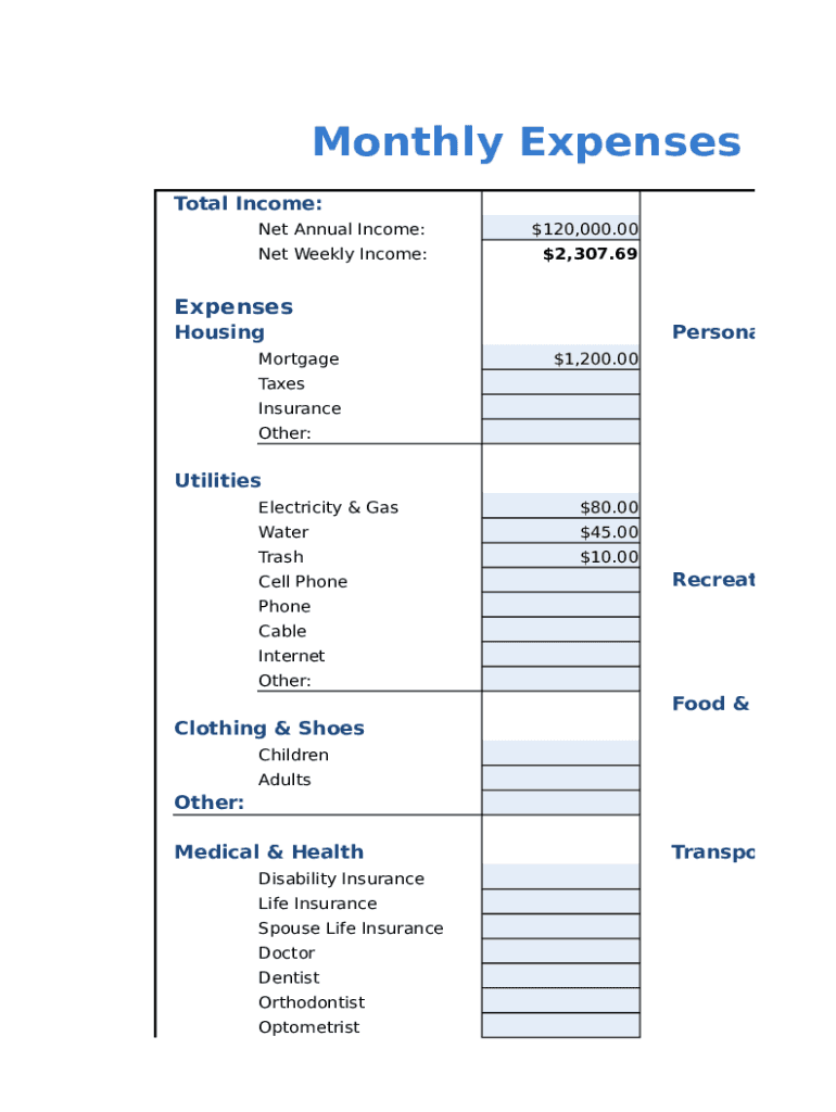 Monthly Expenses Sheet  Form