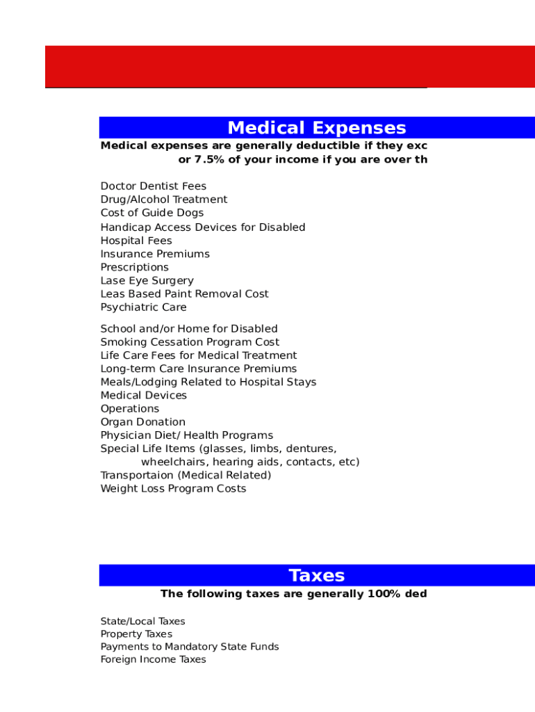 Checklist for Tax Deductions  Form