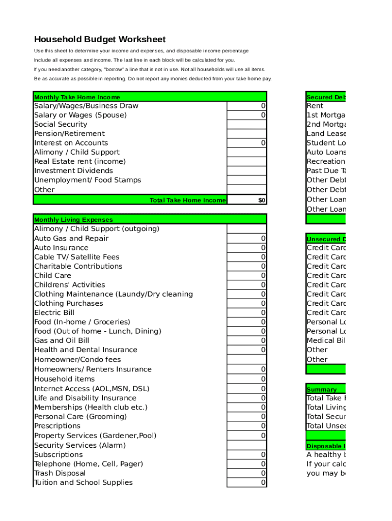 Household Budget Worksheet  Form