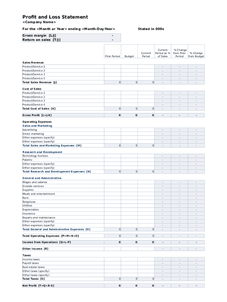 Profit Loss Statement Form