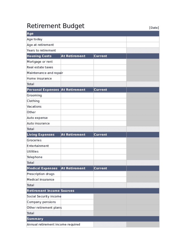 Retirement Budget Worksheet  Form