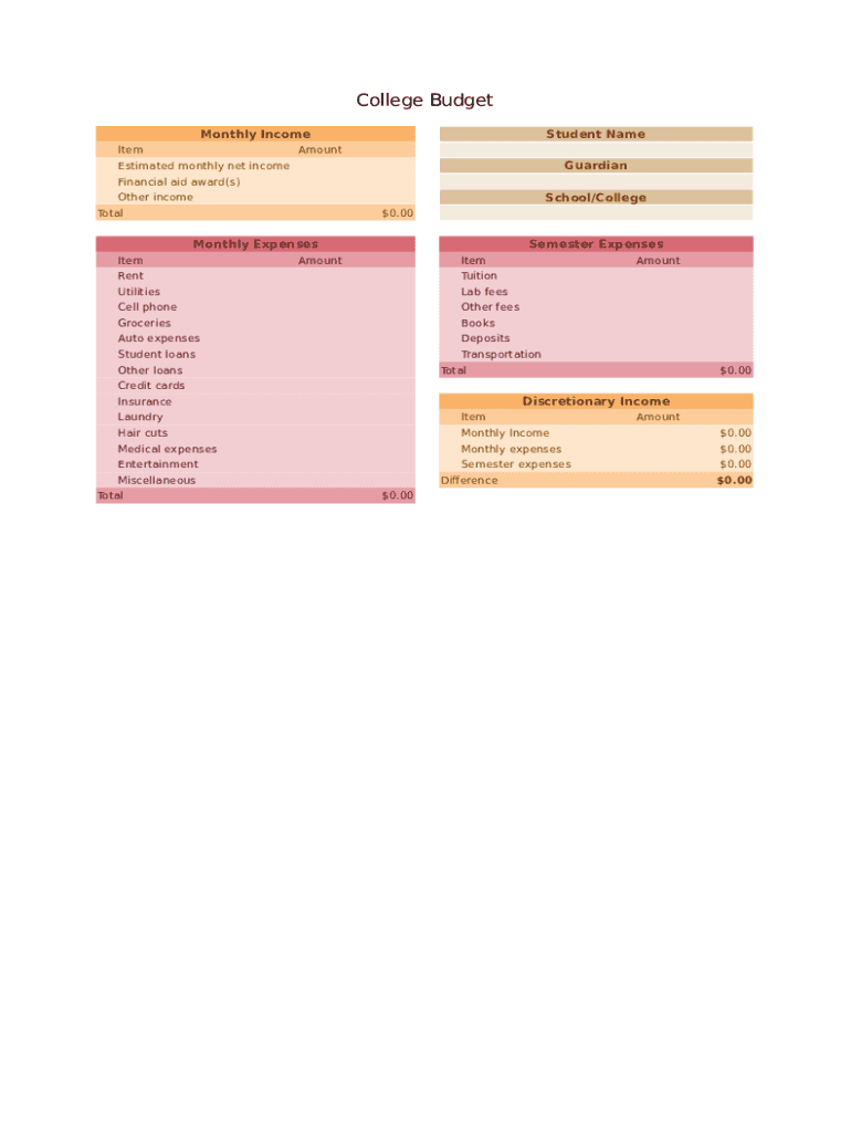 College Budget Worksheet  Form