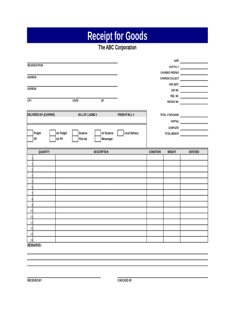 Receipt for Goods Template  Form