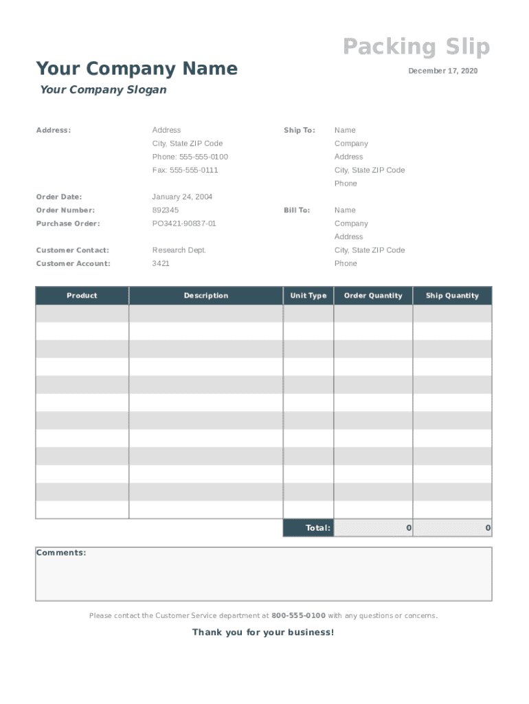 Packing Slip Sheet  Form