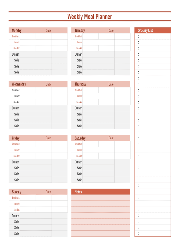 Weekly Meal Planner  Form