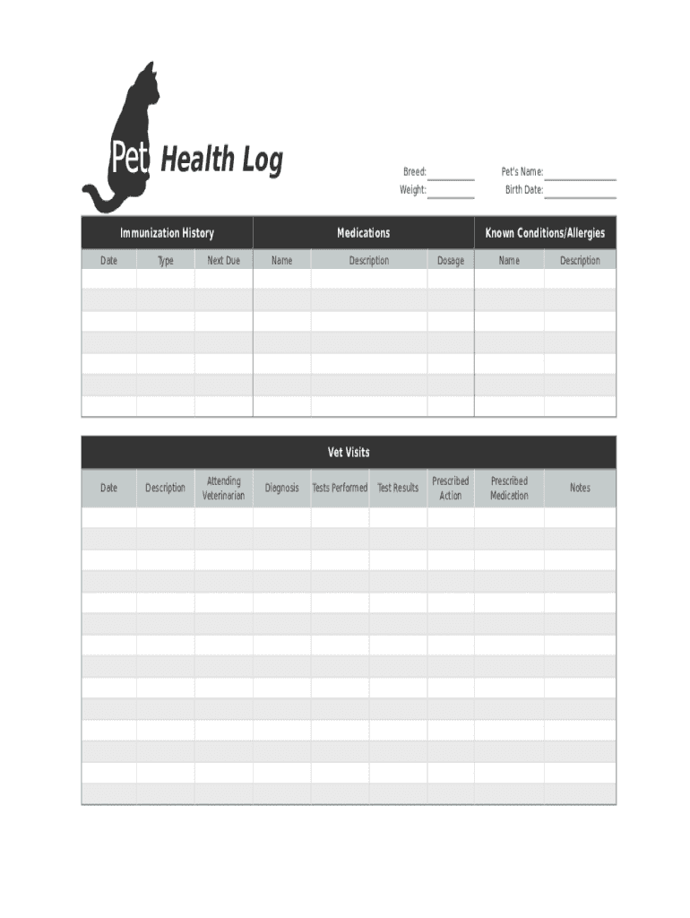 Pet Health Record Template  Form