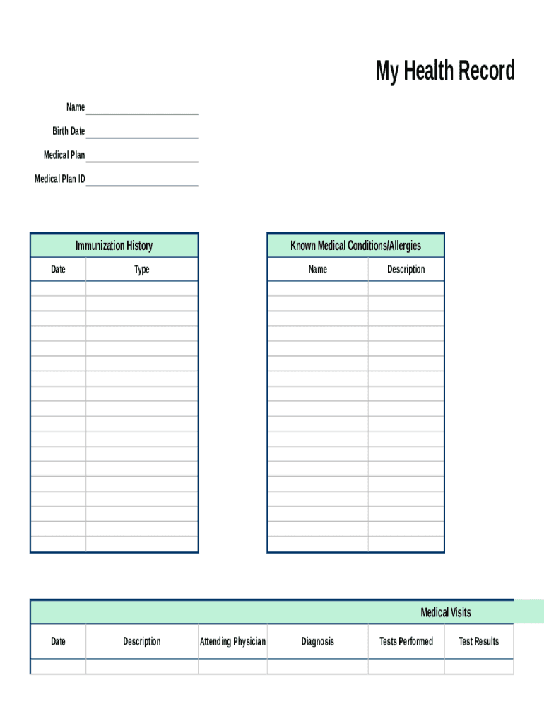 Personal Health Record Template  Form