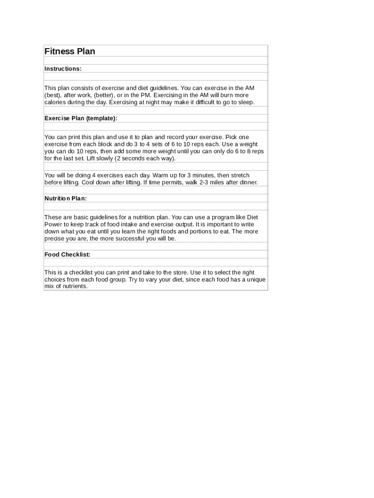 Exercise Plan Template  Form