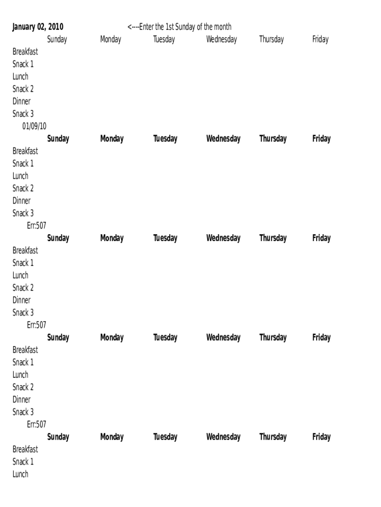 Monthly Meal Planner  Form