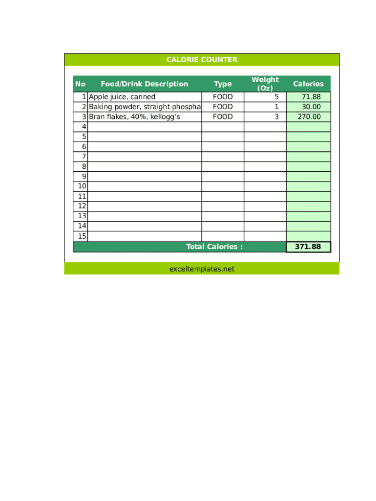 Calorie Counter Spreadsheet  Form