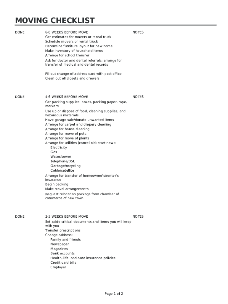 Moving Checklist Spreadsheet  Form