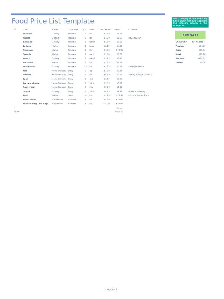 Price List Template  Form