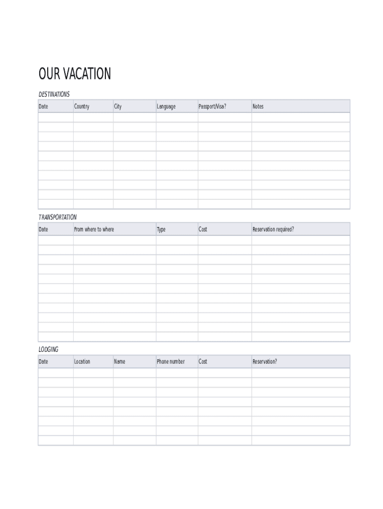Vacation Itinerary Planner Template  Form