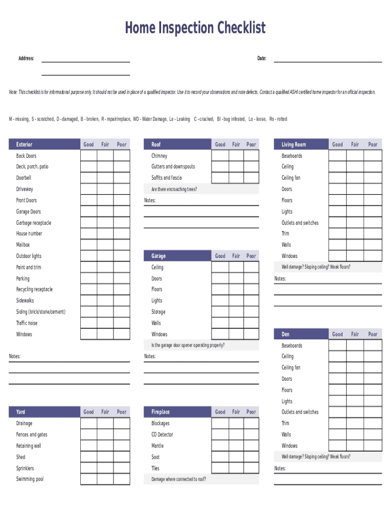 Printable Home Inspection Checklist  Form