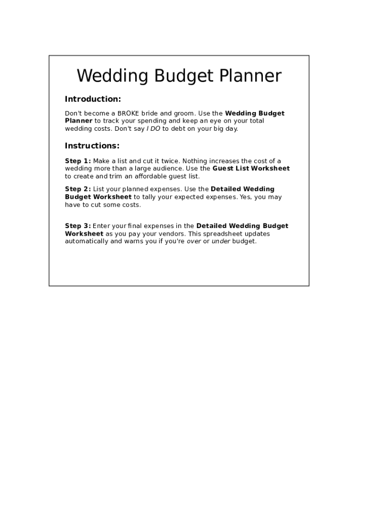 Wedding Budget Worksheet  Form
