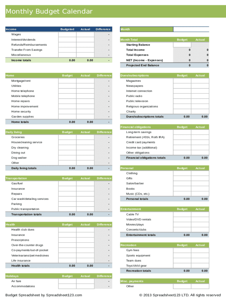 Budgeting Calendar Template  Form