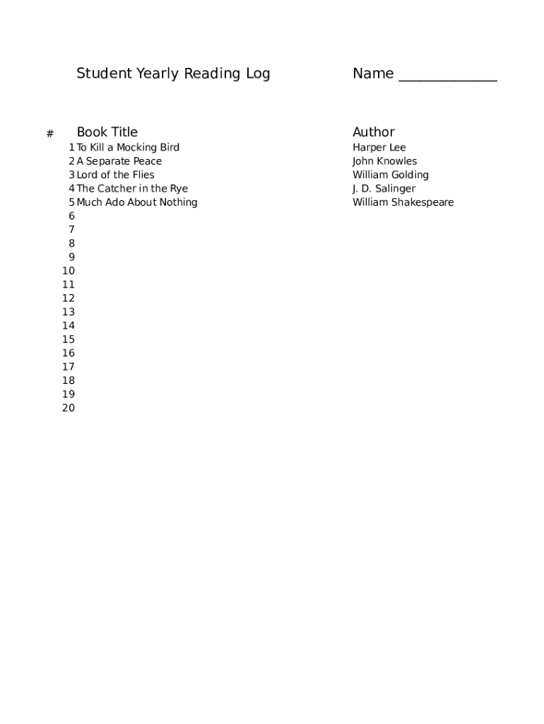 Reading Log Sheet  Form