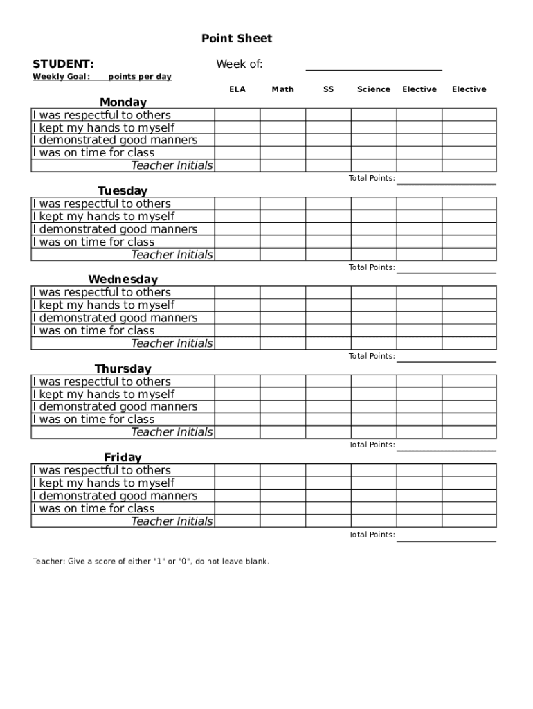 Behavior Point Sheet Template  Form