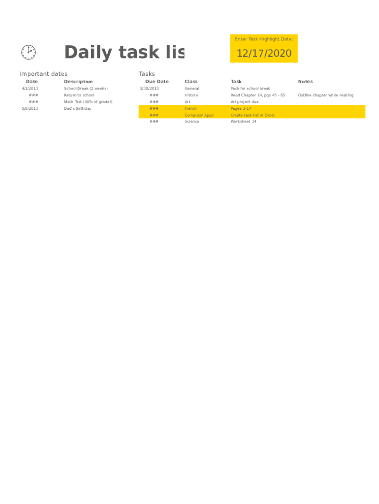 Daily Task List Template  Form