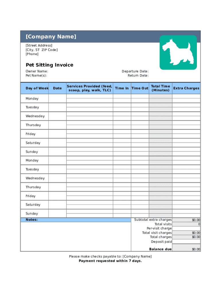 Pet Sitting Invoice Template  Form