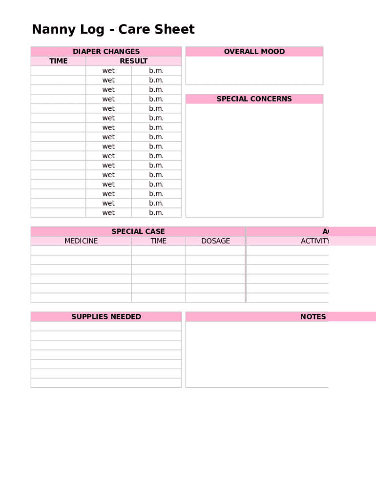 Printable Nanny Log  Form