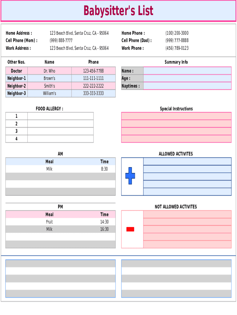 Babysitters List  Form