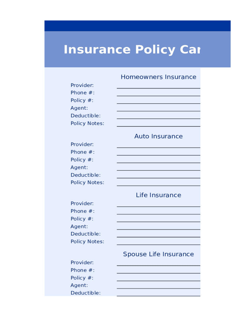Insurance Policy Card  Form