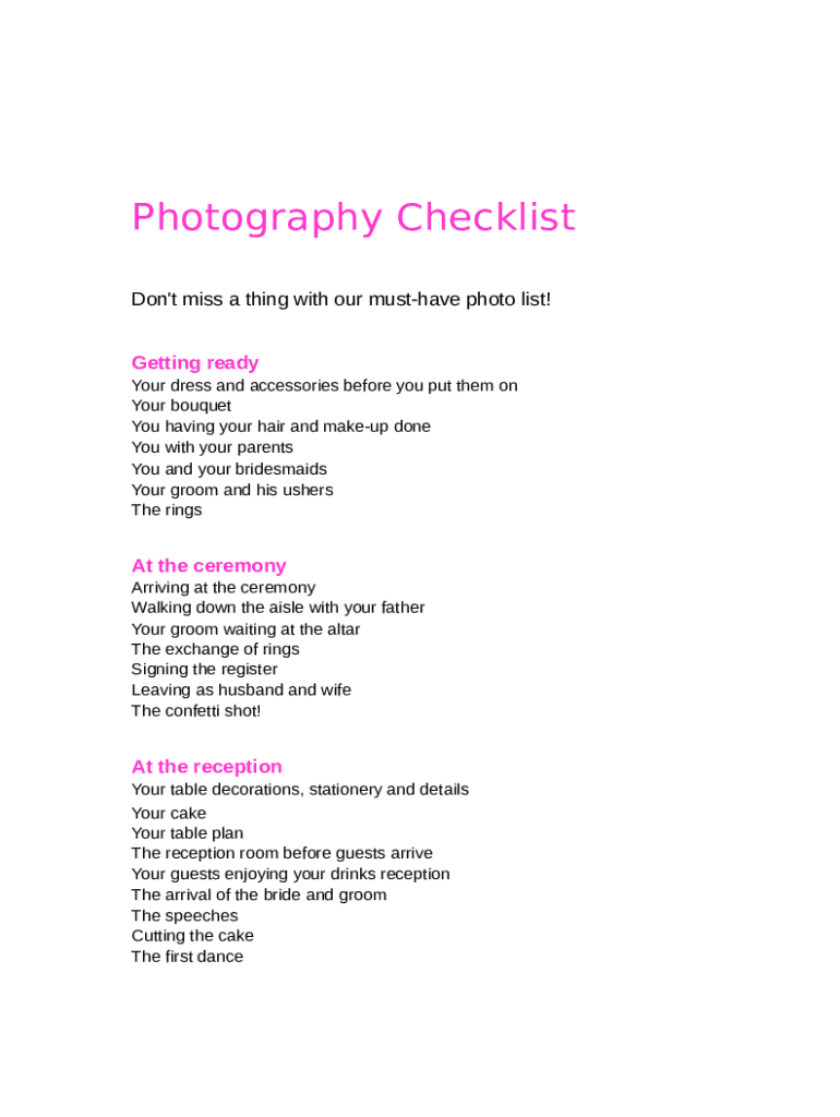 Wedding Photography Checklist  Form