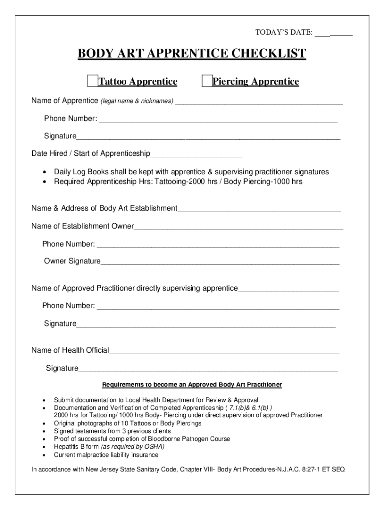 BODY ART APPRENTICE CHECKLIST Form