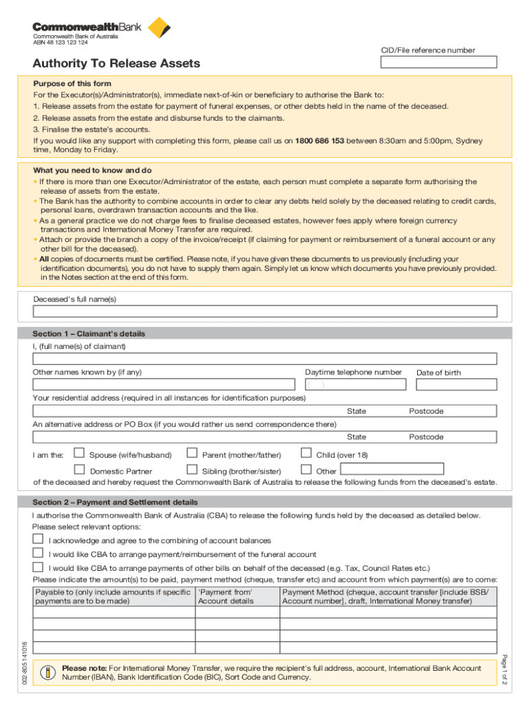  Authority to Release Assets from a Deceased Estate Authority to Release Assets from a Deceased Estate 2021-2024