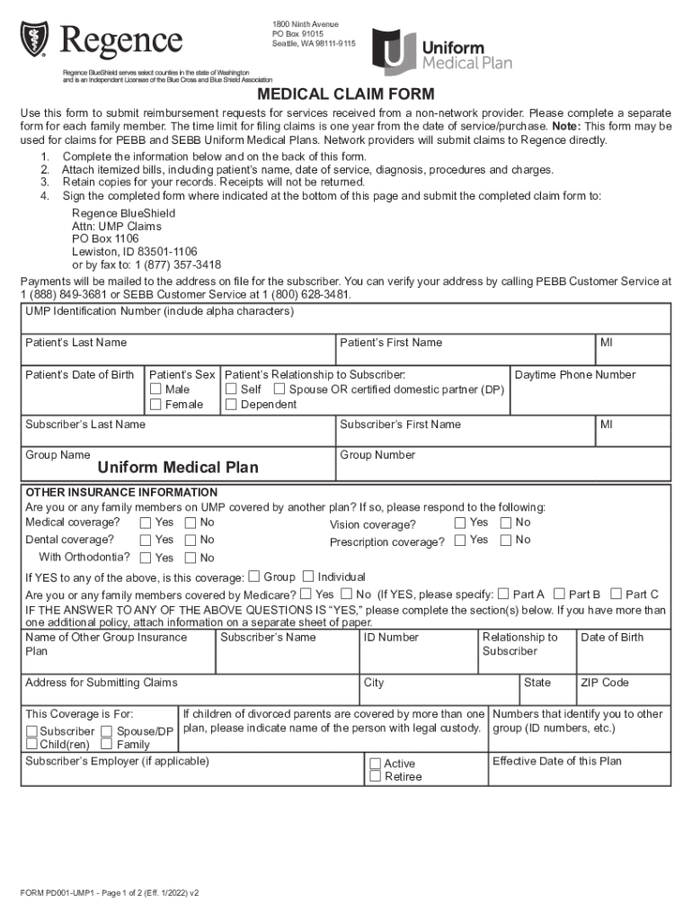 WA Uniform Medical Plan Form PD001 UMP1