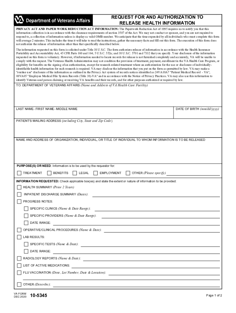  VA Form 10 5345 Request for and Authorization to Release 2020