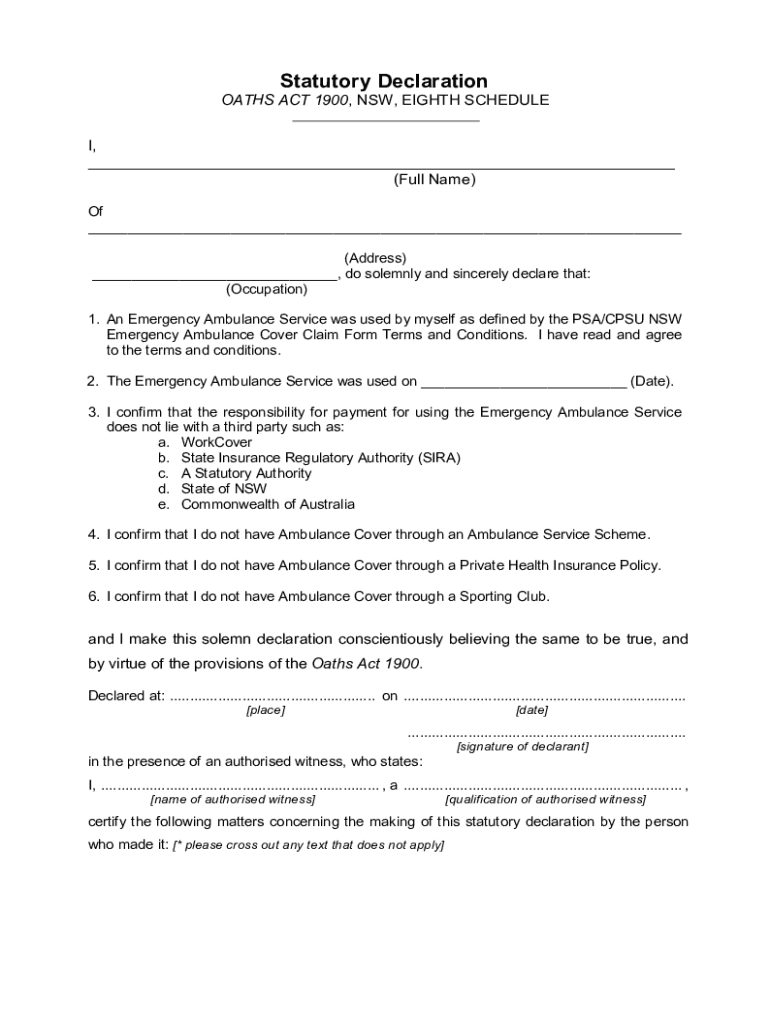 Statutory Declaration OATHS ACT 1900, NSW, EIGHTH SCHEDULE  Form