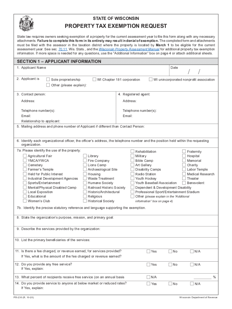  DOR Property Tax Exemption Forms Wisconsin Department 2020-2024