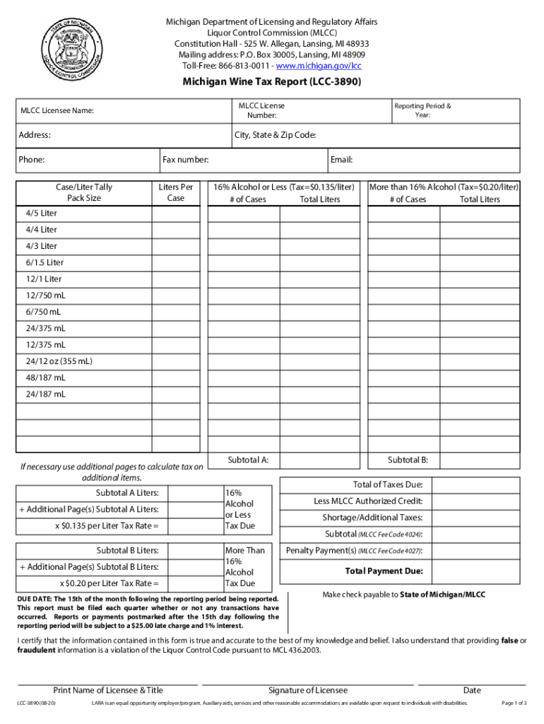  Michigan Wine Tax Report LCC 3890 State of Michigan 2020