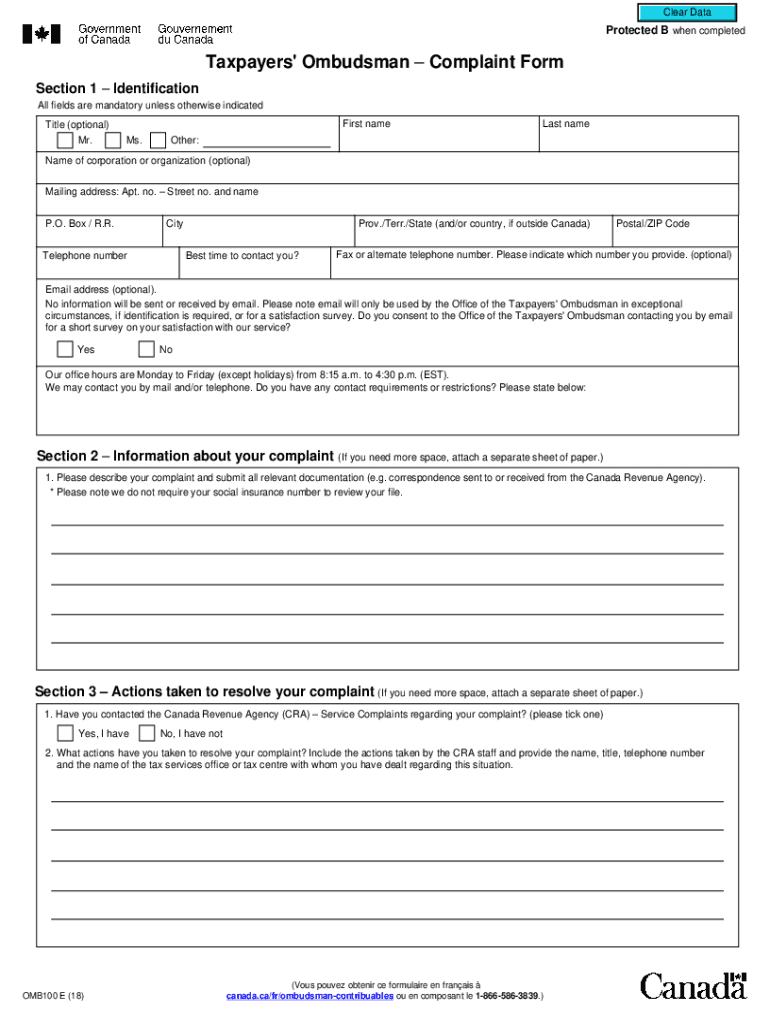  PDF Taxpayers' Ombudsman Complaint Form 2018-2024