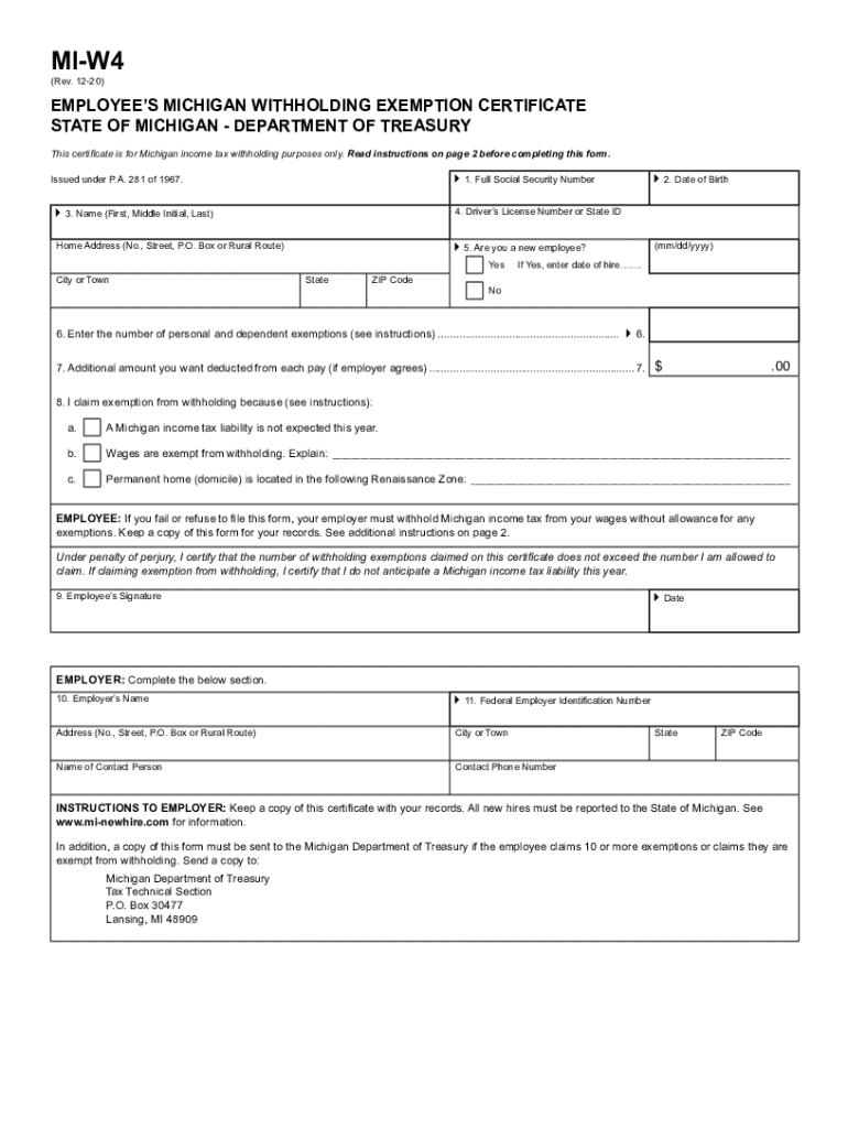  MI W4 Emploee's Michigan Withholding Exemption Certificate MI W4 Emploee's Michigan Withholding Exemption Certificate 2020-2024