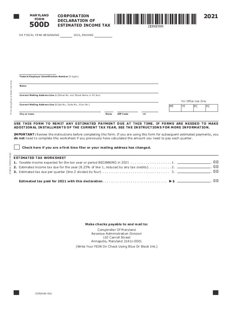  Form 502D Maryland Personal Declaration of Estimated 2020