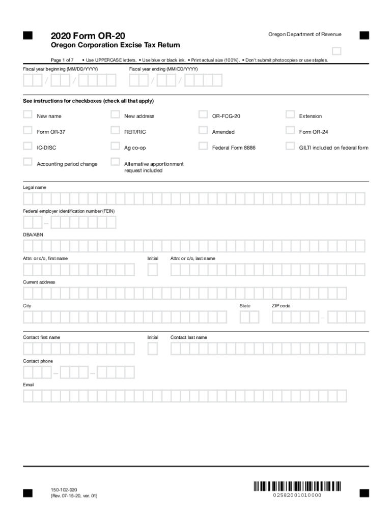  Form or 20, Oregon Corporation Excise Tax Return 2020